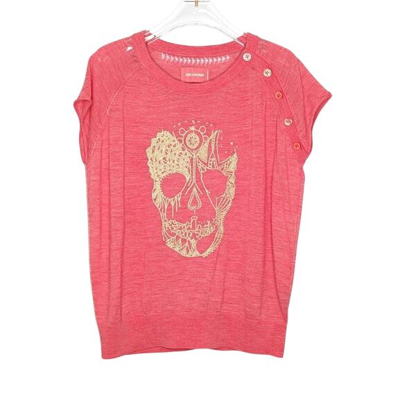 Zadig and Voltaire Pink Short Sleeve Strass Skull Top Short Sleeve Embroidered - Picture 1 of 10